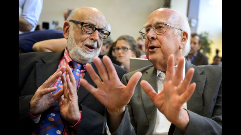 François Englert, left and colleague Peter Higgs received the 2013 <a href="index.php?page=&url=http%3A%2F%2Fwww.cnn.com%2F2013%2F10%2F08%2Fworld%2Feurope%2Fsweden-nobel-prize-physics%2Findex.html" target="_blank">Nobel Prize in physics</a> for their research on a mechanism that explains why matter in the universe has mass. The physicists predicted the existence of the <a href="index.php?page=&url=http%3A%2F%2Fwww.cnn.com%2F2011%2F12%2F13%2Fworld%2Feurope%2Fhiggs-boson-q-and-a%2Findex.html">Higgs boson particle</a> nearly 50 years before its discovery.