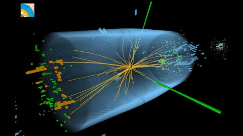 Confirmation of the Higgs boson helped resolve a longstanding puzzle in the Standard Model of particle physics, a theory that lays out the basics of how elementary particles and forces interact in the universe. This image of a proton-proton collision produced in the Large Hadron Collider in Switzerland shows characteristics in line with the decay of a Higgs boson, helping prove the particle's existence.