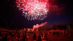 Soldiers and their families watch fireworks at the U.S. military base in Baumbolder, Germany, on Wednesday, July 4.