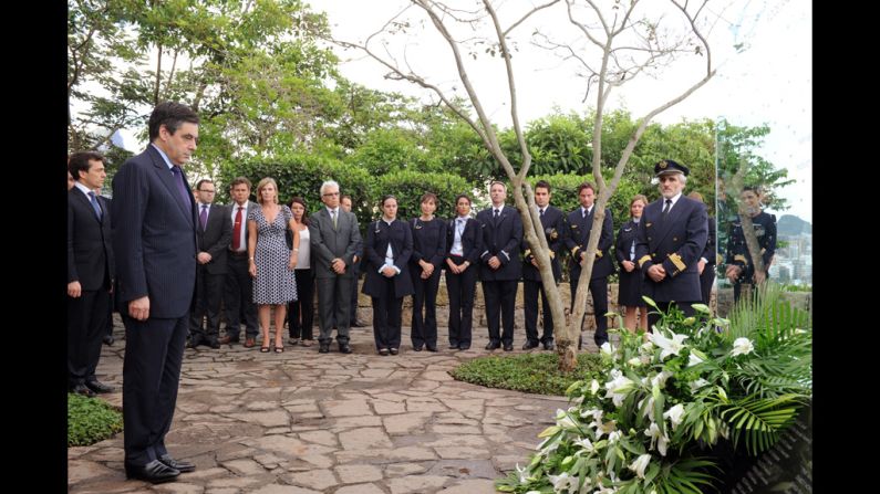 French Prime Minister Francois Fillion, left, honors victims with a tribute in Rio de Janeiro, Brazil, on December 16, 2011. It took four searches over the course of nearly two years to locate the bulk of the wreckage and the majority of the bodies in a mountain range deep under the ocean.