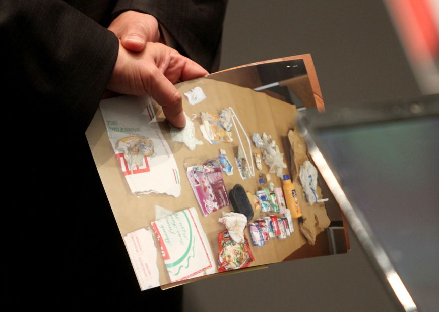 <strong>June 2011: </strong>Forensics expert Arpad Vass testified on June 6 that the only plausible explanation for the odor in Casey's car trunk would be the presence of a decomposing human body. Pictured here is an evidence photo of trash found in the trunk. 