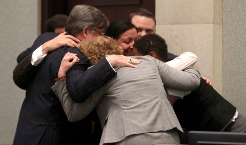 <strong>July 5, 2011: </strong>Casey Anthony's defense team surrounded her in a group hug after the then-25-year-old was acquitted.