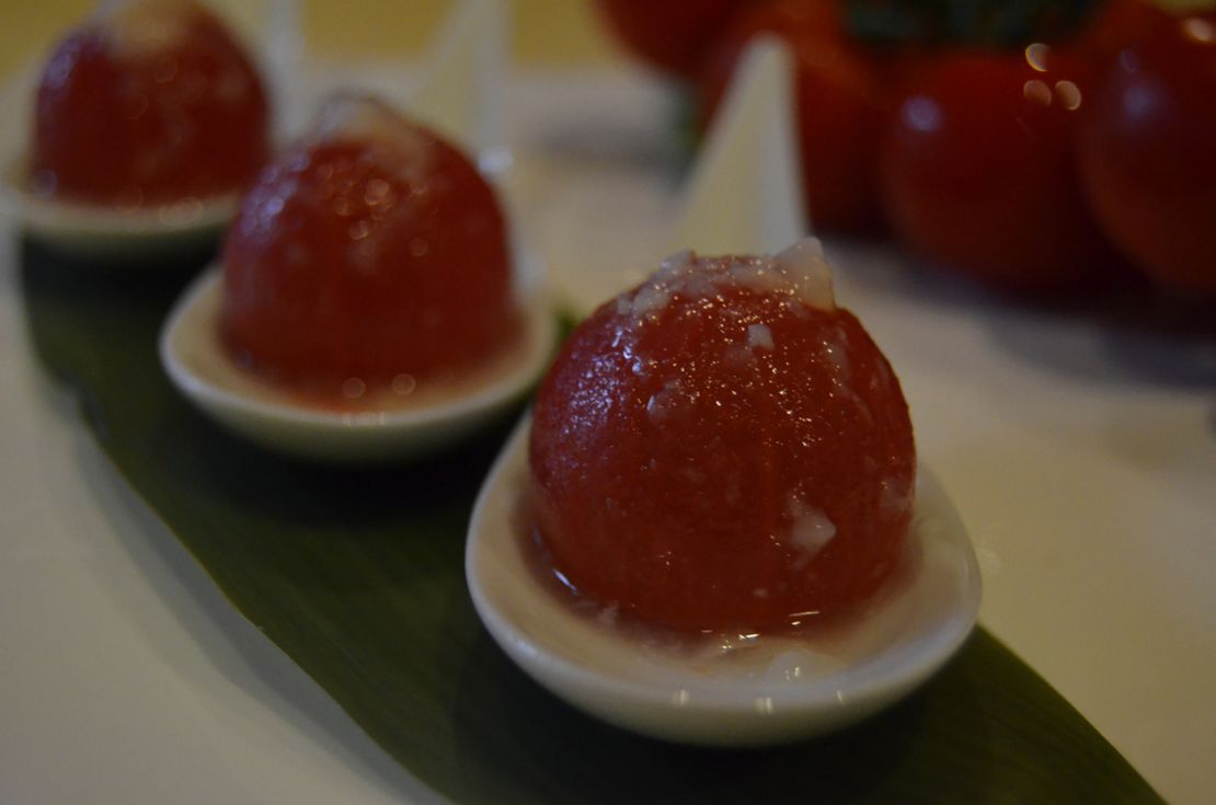 One of Club Qing's most popular dish is an appetizer that features cherry tomatoes covered in lychee sauce.