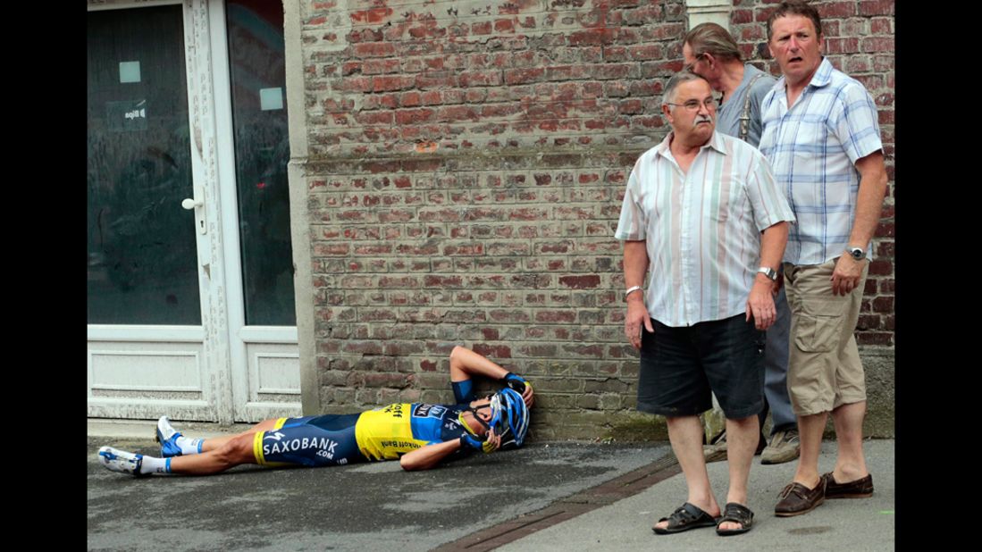 Jonathan Cantwell of Australia lies on the ground after crashing near the finish of Stage 5 Thursday.