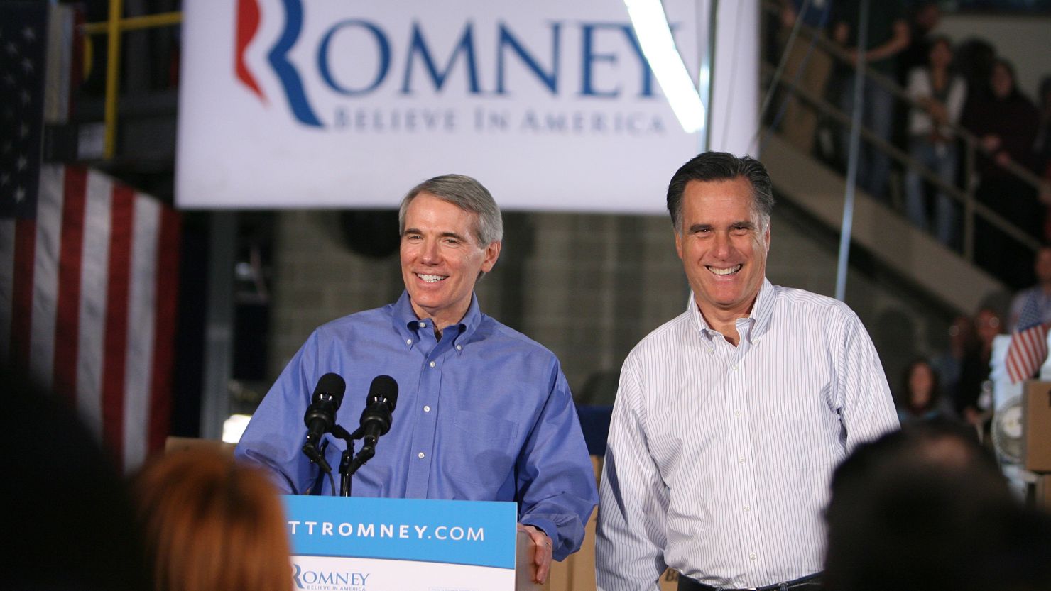 Ohio Sen. Rob Portman campaigns with Mitt Romney in Cincinnati in February.