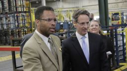 CHICAGO HEIGHTS - APRIL 4:  U.S. Treasury Secretary Timothy Geithner (2nd L) speaks with U.S. Rep. Jesse Jackson Jr. (D-IL) (L) while touring Ford Motor Company's Chicago Stamping Plant as plant manager Gloria Georger (2nd R) and UAW Local 588 President Matt Kolanowski look on April 4, 2012 in Chicago Heights, Illinois. In a speech at the Economic Club of Chicago, Geithner reportedly criticized Republicans for not supporting economic growth and for too much focus on cutting taxes and spending.  (Photo by John Gress/Getty Images)