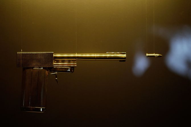 The golden gun, used by Bond Villian Francisco Scaramanga in "The Man With The Golden Gun," is located, naturally, in the Gold Room, which celebrates the gold anniversary of Bond on film.