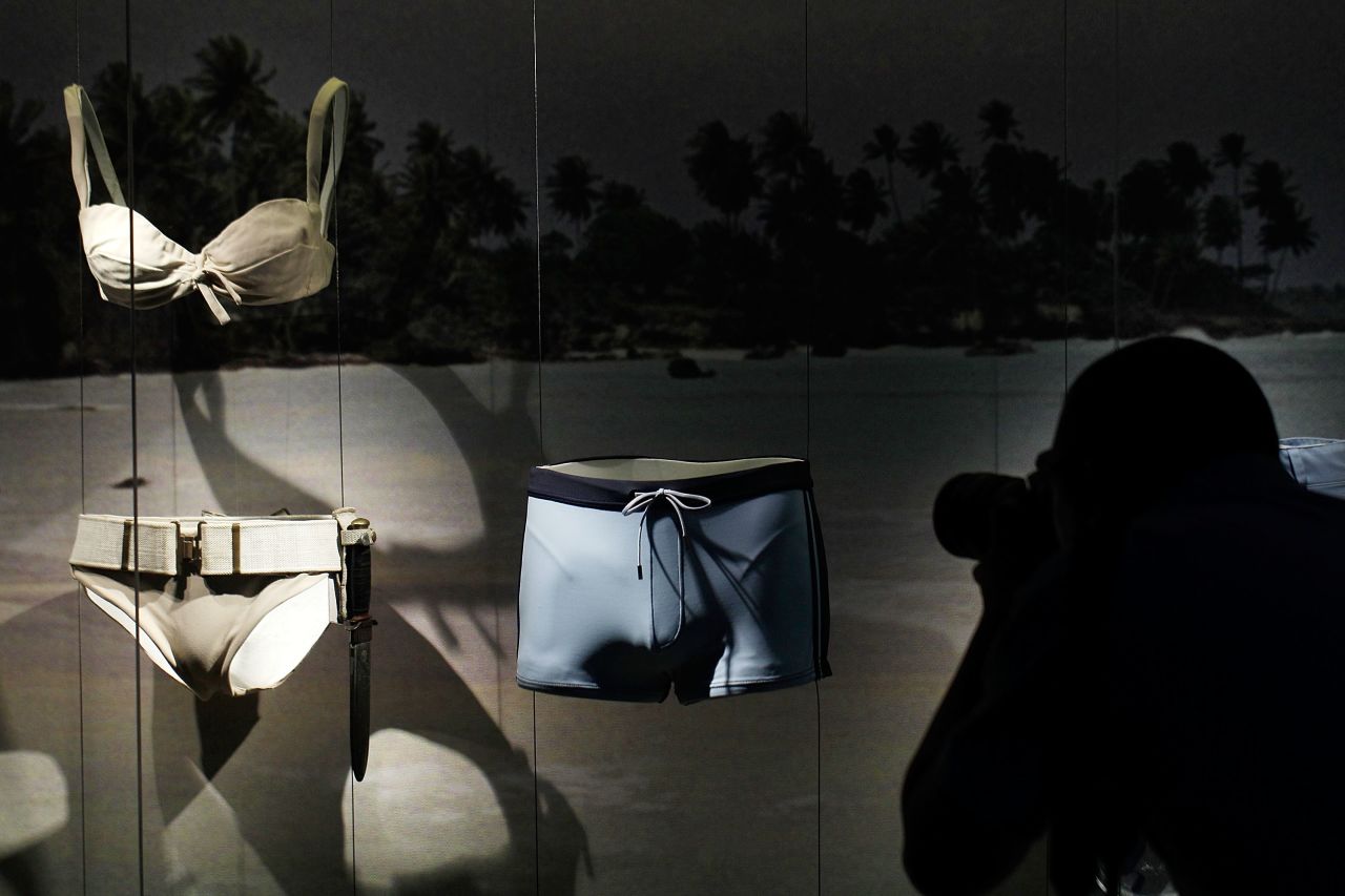 The bikini worn by Honey Ryder, the first Bond Girl in "Dr. No," sits alongside the famously tiny trunks worn by current Bond actor Daniel Craig in 2006's "Casino Royale."