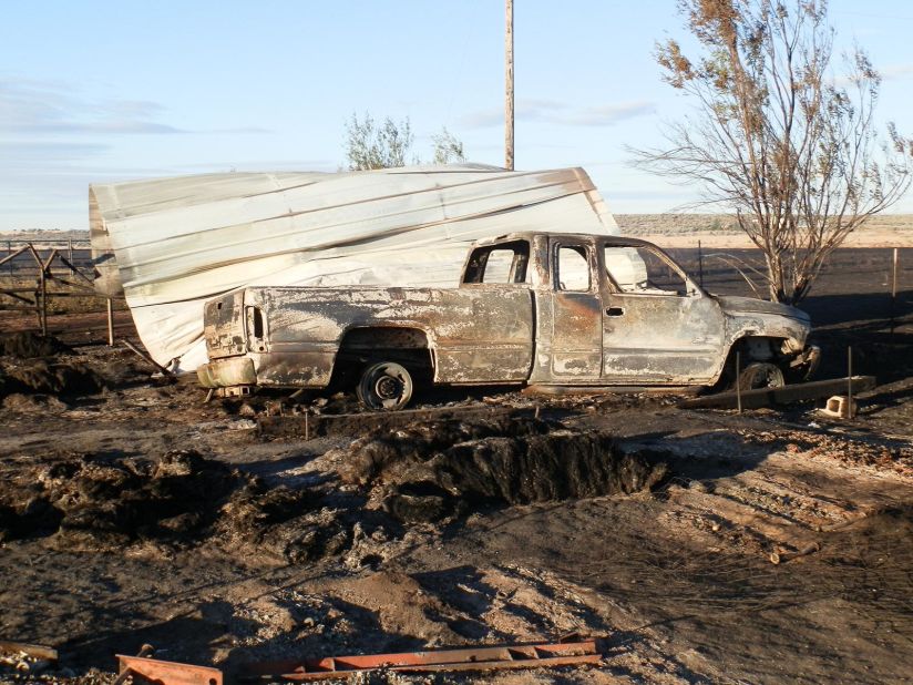 A truck on the Madden property was scorched by the wildfire that swept through the area.