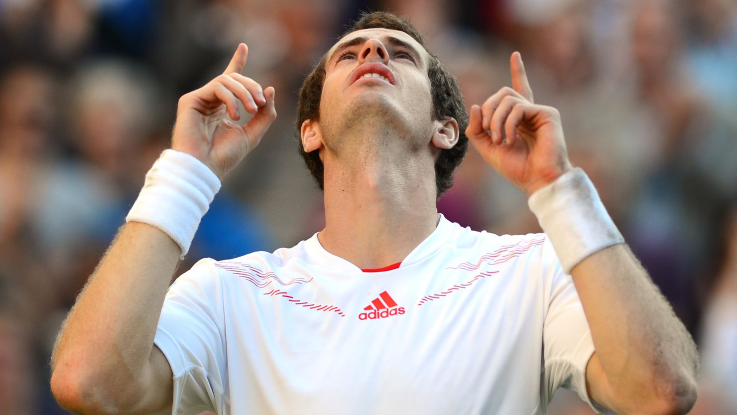 Andy Murray points to the sky after completing his semifinal victory at Wimbledon over Jo-Wilfried Tsonga.