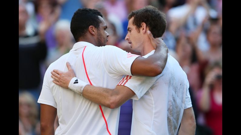 Tsonga congratulates Murray on his historic win.
