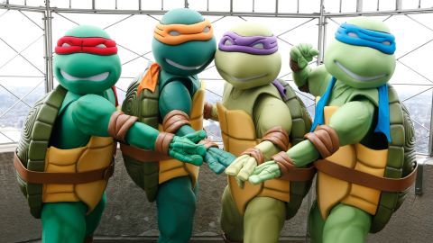 Teenage Mutant Ninja Turtles appear on April 23, 2009 at the Empire State Building to celebrate the characters' 25th Anniversary.