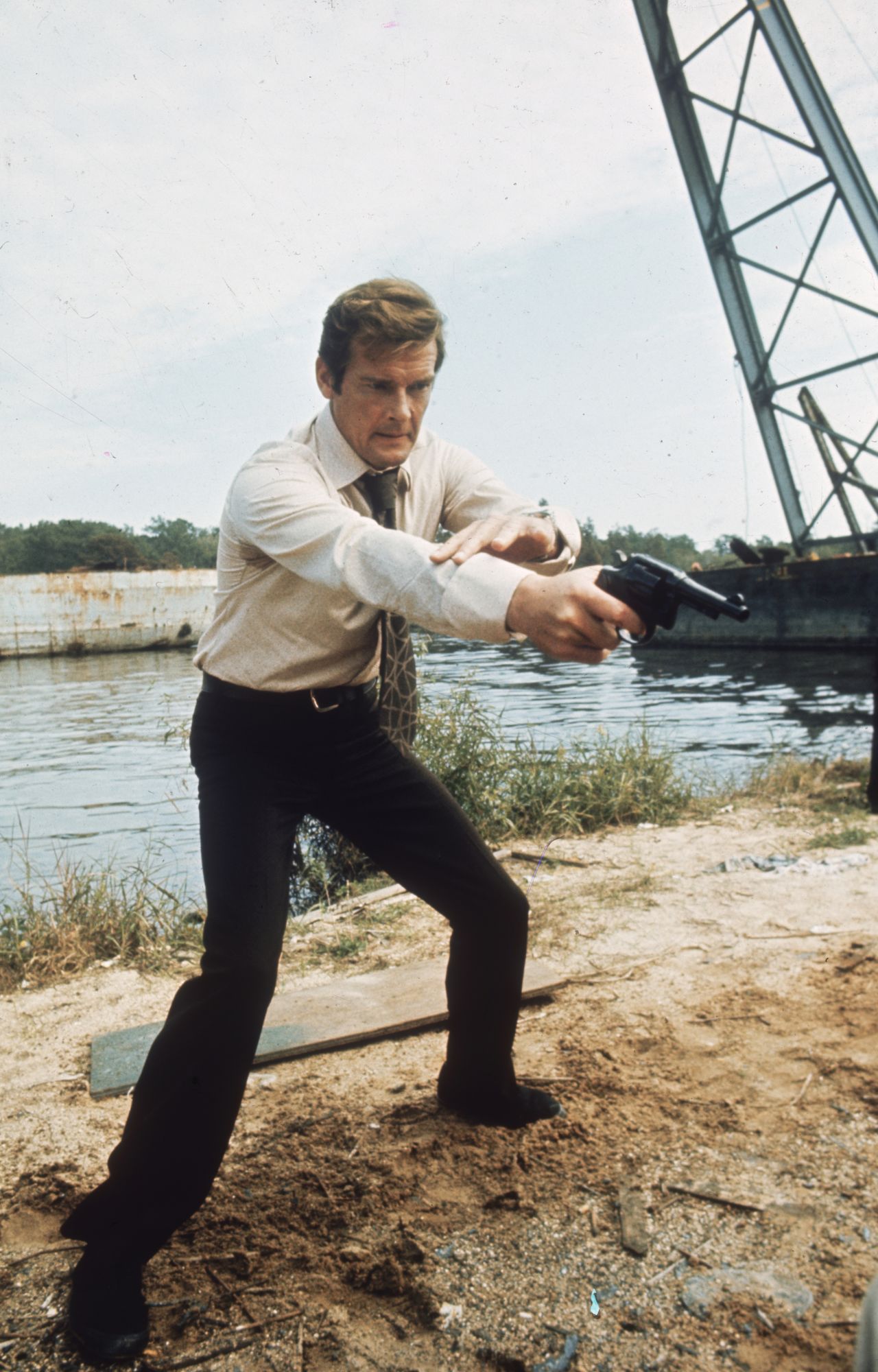 British actor Roger Moore filming the Bond film "Live and Let Die" in 1973.