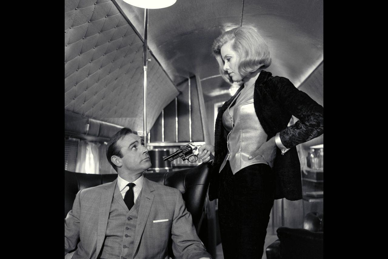 Pussy Galore, played by Honor Blackman, and Sean Connery as Bond, in 1964's "Goldfinger." 