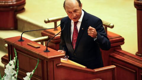 Romanian president Traian Basescu prepares to deliver a speech in front of the Romanian Parliament, on July 6, 2012.