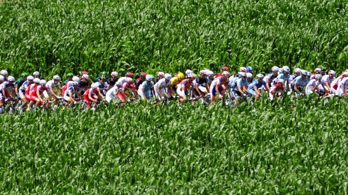 The pack rides by during the seventh stage of the 2012 Tour de France. 