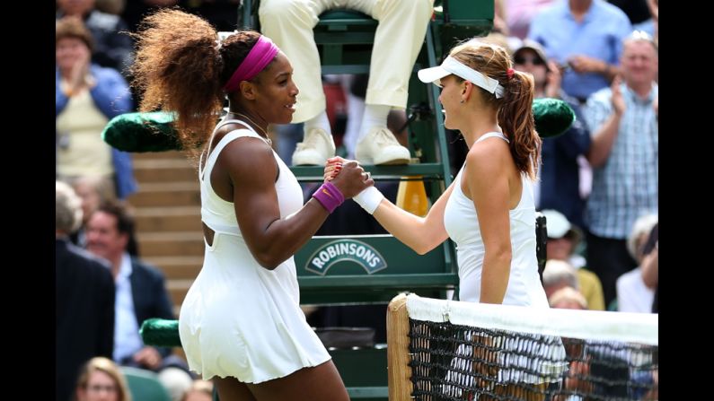 Williams and Radwanska shake hands after the match on Saturday. 