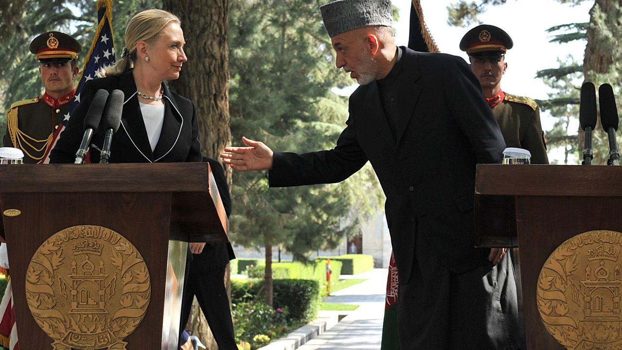 Afghan president Hamid Karzai and U.S. Secretary of State Hillary Clinton at a press conference in Kabul on July 7, 2012.