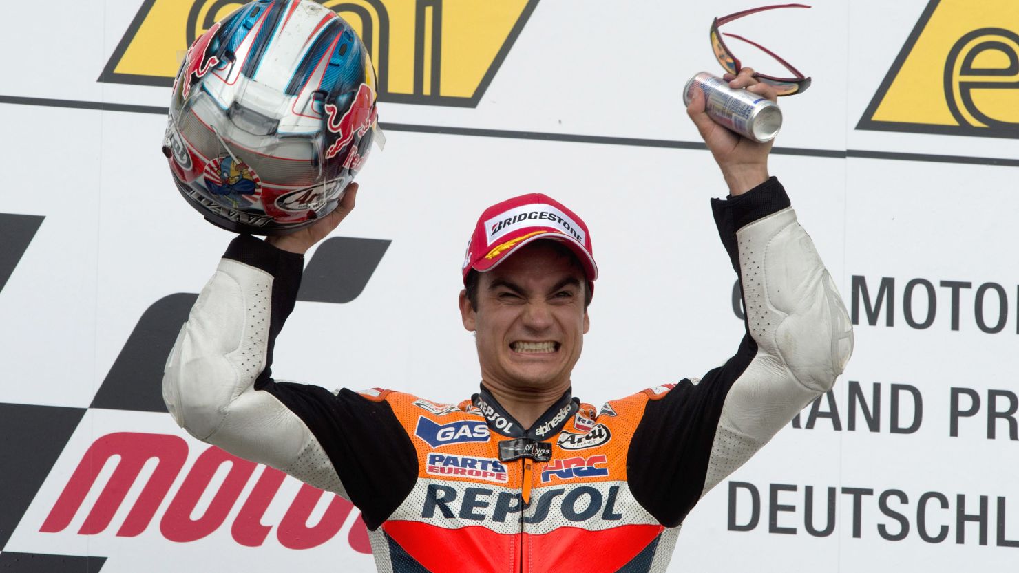 Dani Pedrosa celebrates after winning his first MotoGP of the 2012 season at the Sachsenring in Germany