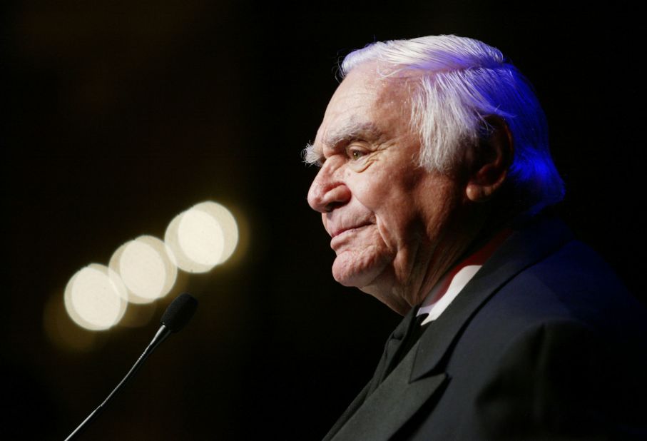 Named humanitarian of the year, Borgnine speaks on stage at the So the World May Hear fundraising event in Los Angeles on November 6, 2003.