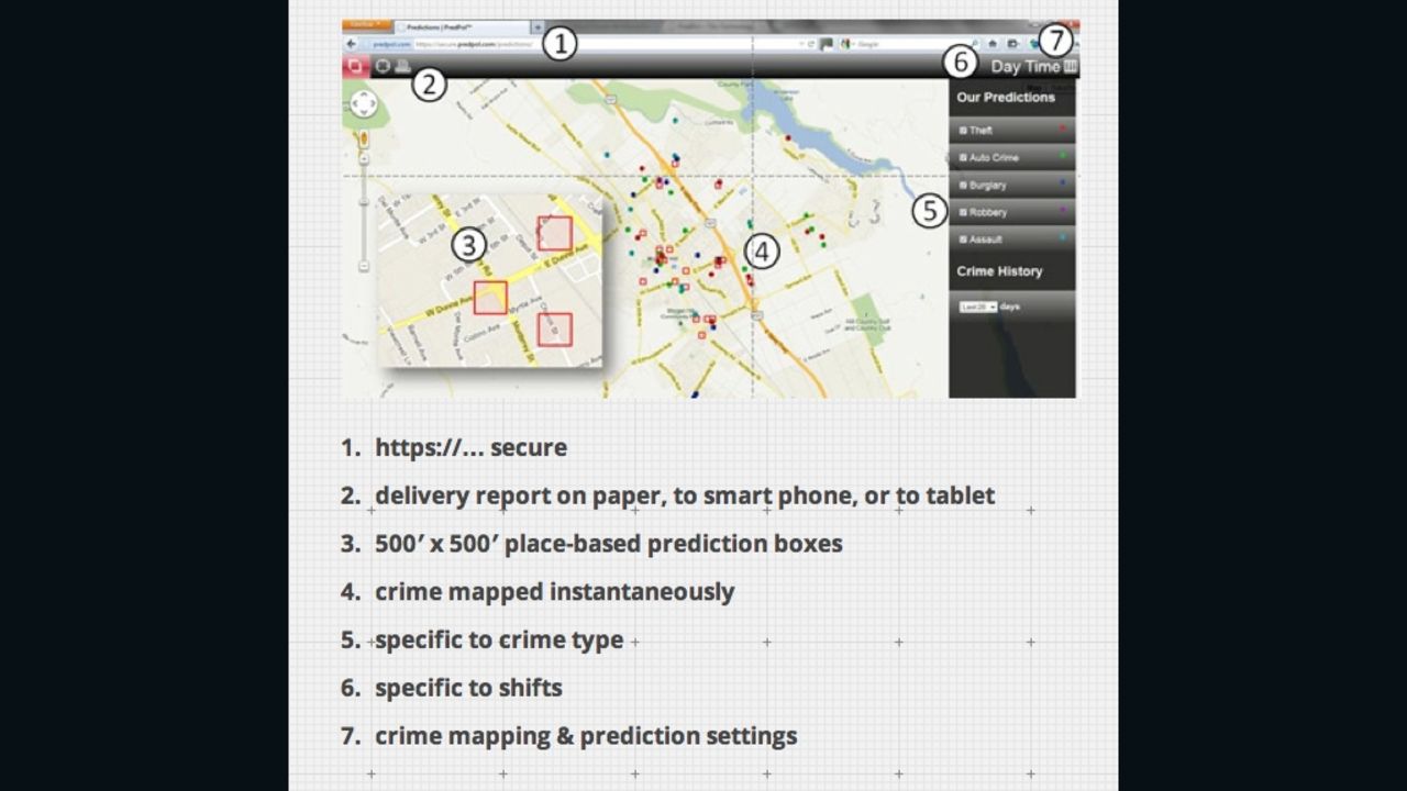 PredPol's system features a map of a city marked with red squares to show zones where crimes are likely to occur. 