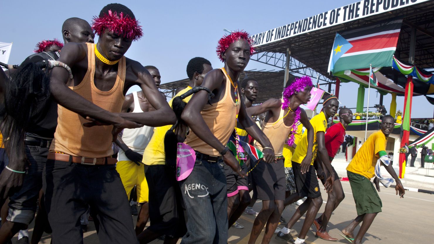 South Sudanese performers parade during a ceremony of the country's first independence day on Monday in Juba, South Sudan. 