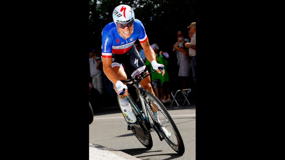 Sylvain Chavanel of France, riding for Omega-Pharma-Quickstep, races to fifth place in the individual time trials.