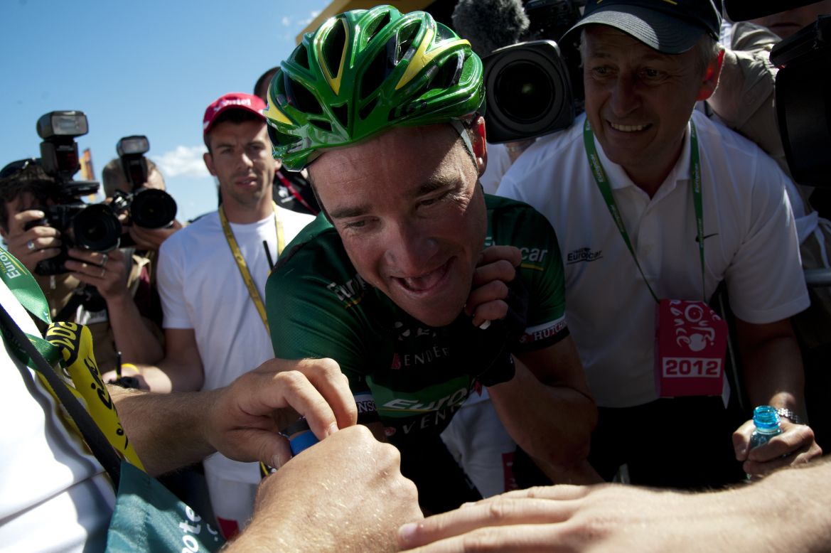France's Thomas Voeckler celebrates after winning stage 10, a 194.5-kilometer (120-mile) course starting in Macon and finishing in Bellegarde-sur-Valserine, France, on Wednesday, July 11.