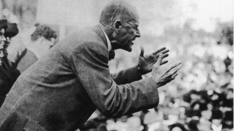 Eugene Debs addresses a crowd of people, circa 1910. (Photo by Fotosearch/Getty Images). 