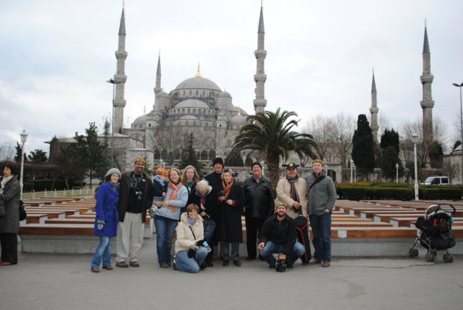 Members of the inaugural "Muslim for a Month" tour stand before the Blue Mosque in Istanbul, Turkey.