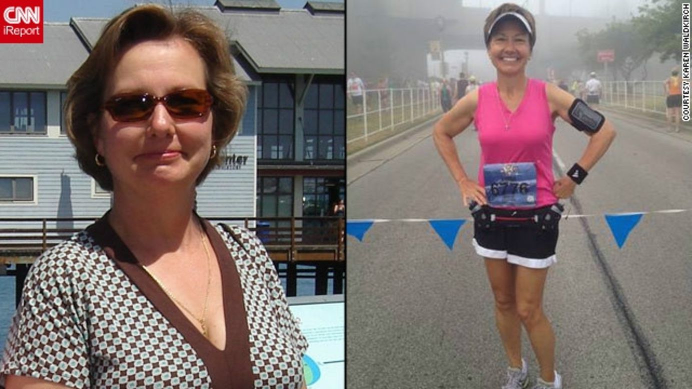 Karen Waldkirch antes y después de su ejercicio con ayuda de la herramienta 'Fitocracy'.