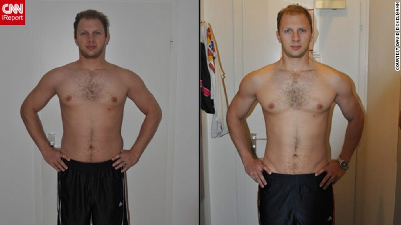 David Eickelmann antes y después de utilizar el sitio de entrenamiento físico WeightTraining.com.