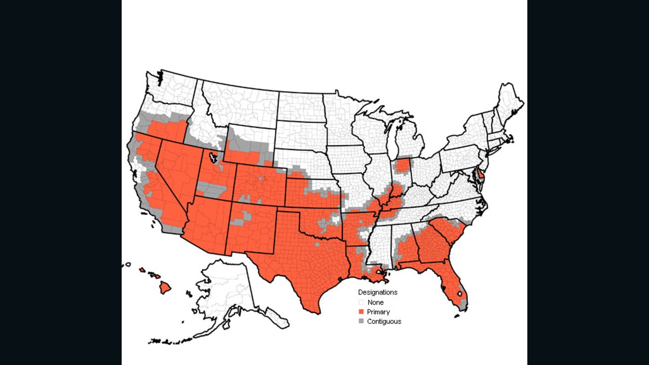 The Department of Agriculture said 1,016 counties in 26 states are natural disaster areas.