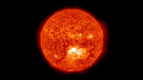 This image from the Solar Dynamics Observatory shows the sun on July 12, 2012, during an X1.4 class flare. The image is captured in the 304 Angstrom wavelength, which is typically colorized in red. 