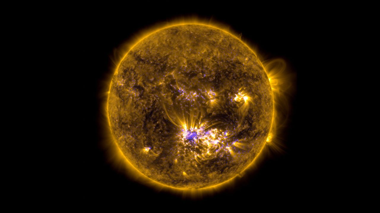 This image combines two sets of observations of the sun on July 12, 2012, from the Solar Dynamics Observatory to give an impression of what the sun looked like shortly before it unleashed an X-class flare.