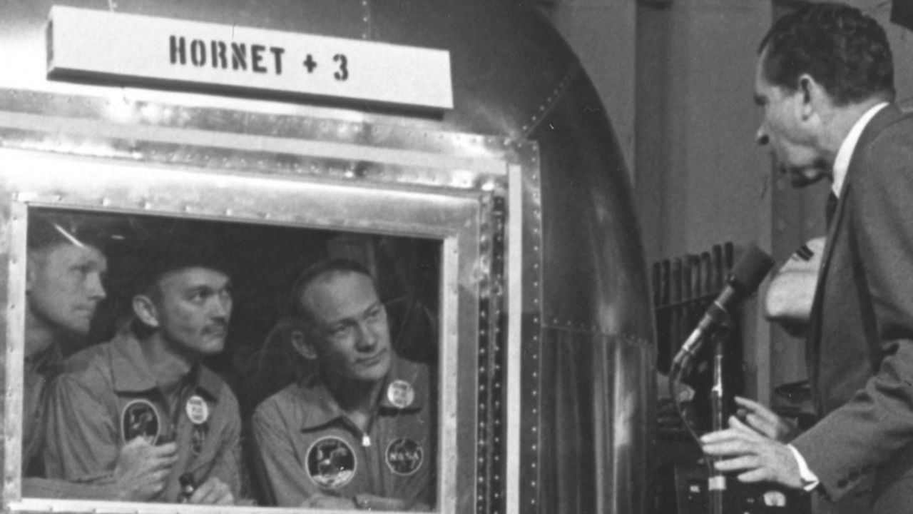 President Nixon greets Apollo 11 astronauts Neil Armstrong, Michael Collins and "Buzz" Aldrin.