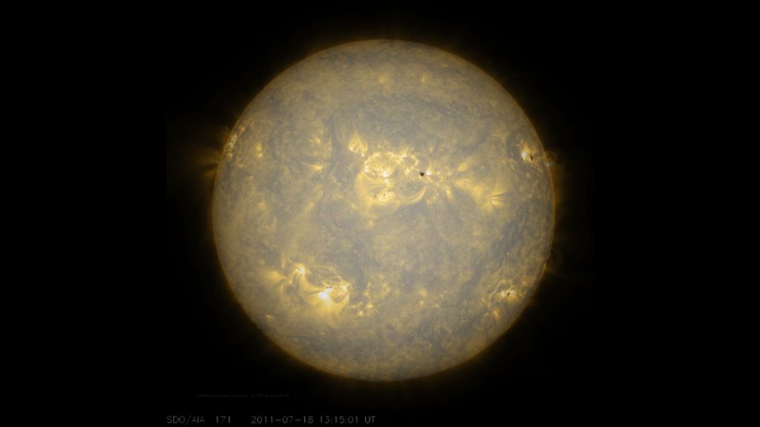 Sunspots, which are cooler, darker areas of intense magnetic activity, are most often the source of solar storms. Here the sun's lower atmosphere is observed in extreme ultraviolet light July 17 and 18, 2011.