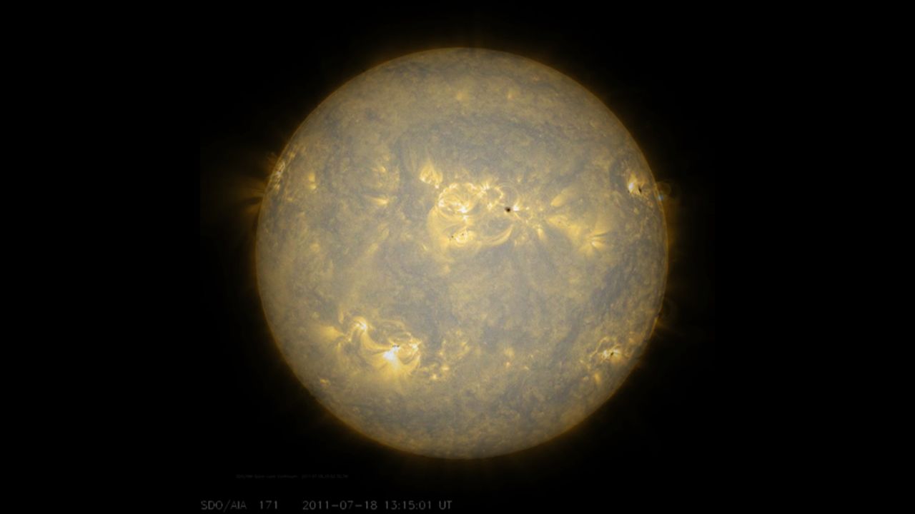 Sunspots, which are cooler, darker areas of intense magnetic activity, are most often the source of solar storms. Here, observations of the sun's lower atmosphere in extreme ultraviolet light July 17-18, 2011.