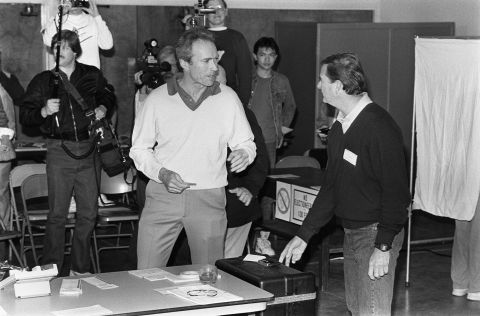 Clint Eastwood goes to the polls as he attempts to become the mayor of Carmel, California, in 1986 (he served one term). Eastwood has traditionally voted Republican, supporting candidates from Richard Nixon to John McCain.
