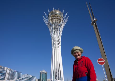The 100-meter-tall tower has been compared to a giant lollipop and is meant to evoke the local legend of the "Tree of Life". It was based on a sketch by President Nursultan Nazarbayev who has been instrumental in the development of Kazakhstan since coming to power in 1991. 