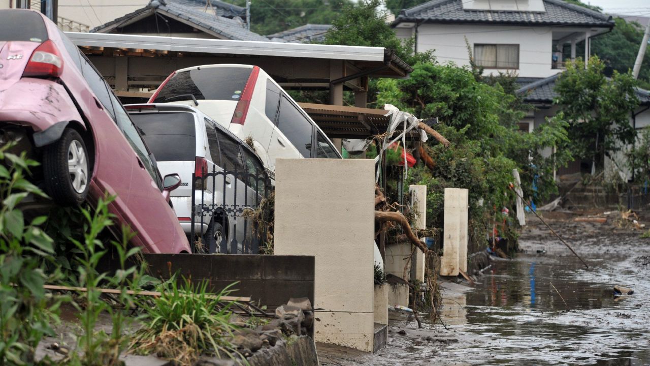Cars pile up in Japan's southern island of Kyushu after the heaviest rainfall on record for the area. 