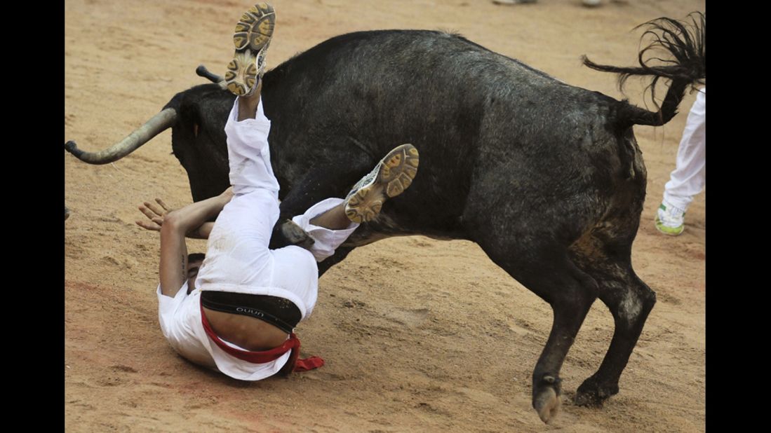A bull takes down a runner after a San Fermin Festival bull run, on Friday, in Pamplona, northern Spain.
