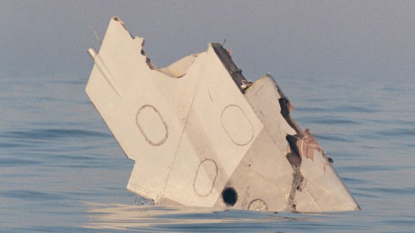 A section of the wing of TWA Flight 800 floats in the Atlantic Ocean, off Long Island, New York in 1996.