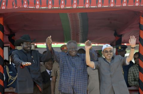 Presidents (left to right) Salva Kiir of South Sudan, (former president) Mwai Kibaki of Kenya and Meles Zenawi of Ethiopia celebrate following the ground breaking ceremony of the Lamu Port--South Sudan--Ethiopia Transport Corridor (LAPSSET) in March 2012.