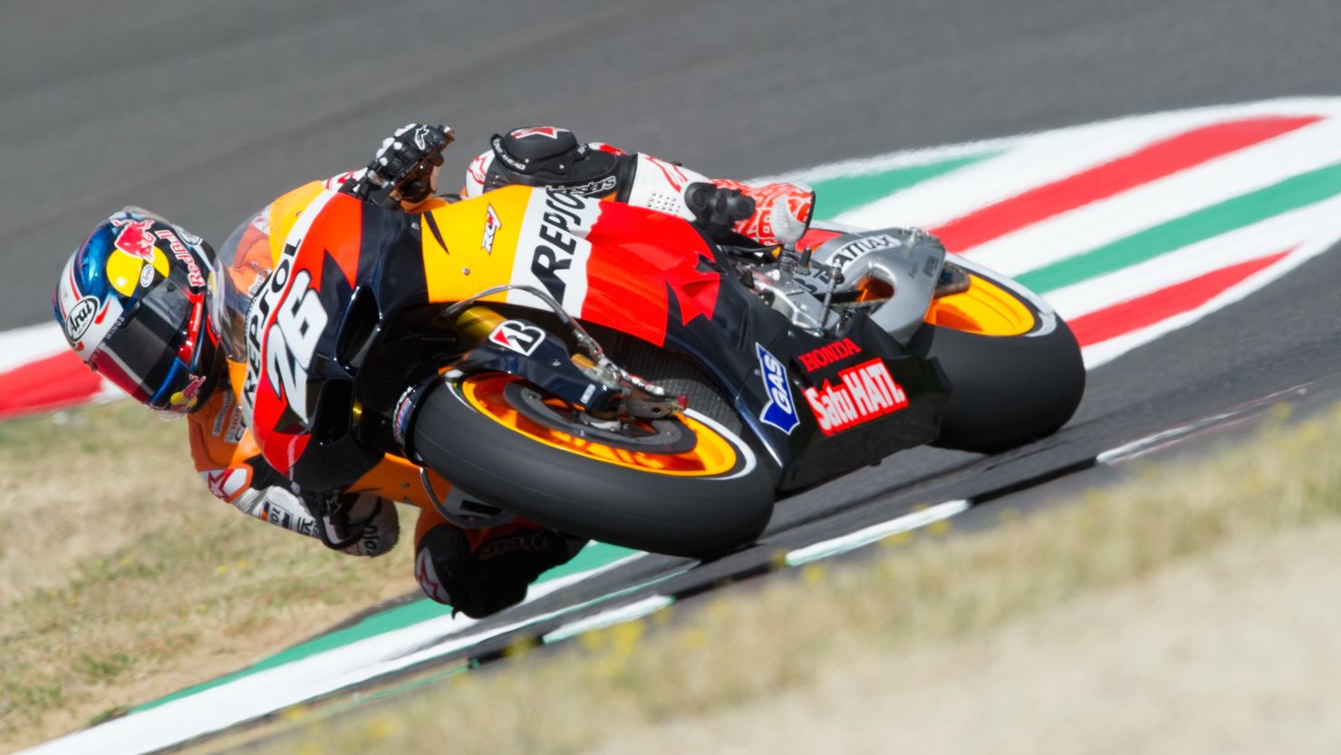 Dani Pedrosa qualified fastest on his Repsol Honda for the Italian MotoGP at Mugello.