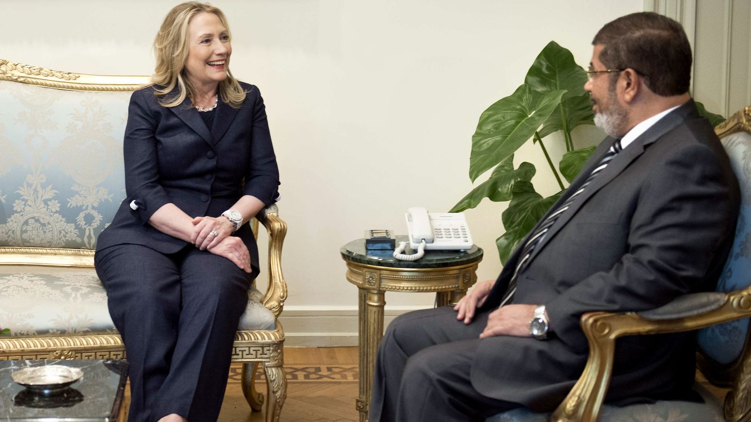 U.S. Secretary of State Hillary Clinton meets with Egyptian President Mohamed Morsy in Cairo on Saturday.