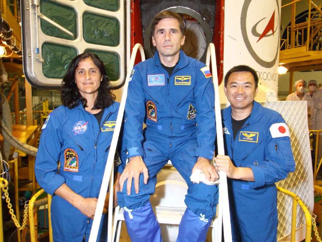 Flight engineer Sunita Williams, Soyuz commander Yuri Malenchenko and flight engineer Aki Hoshide.
