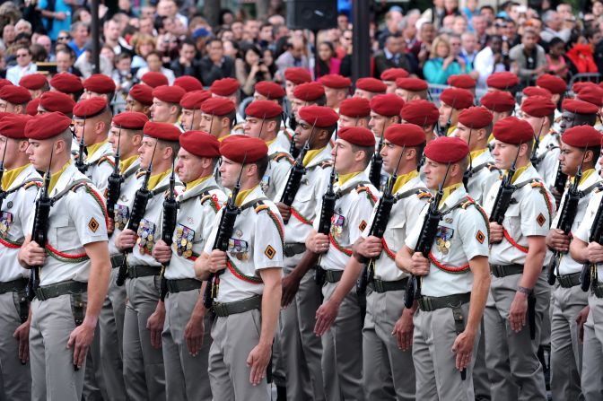 French paratroopers from the 1st Parachute Chasseur Regiment on parade in Paris.