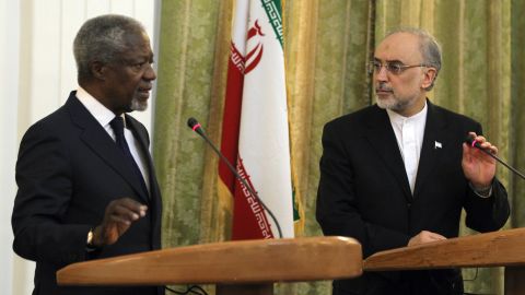 International envoy Kofi Annan (left) pictured with Iranian Minister for Foreign Affairs Ali Akbar Salehi in Tehran on July 10.