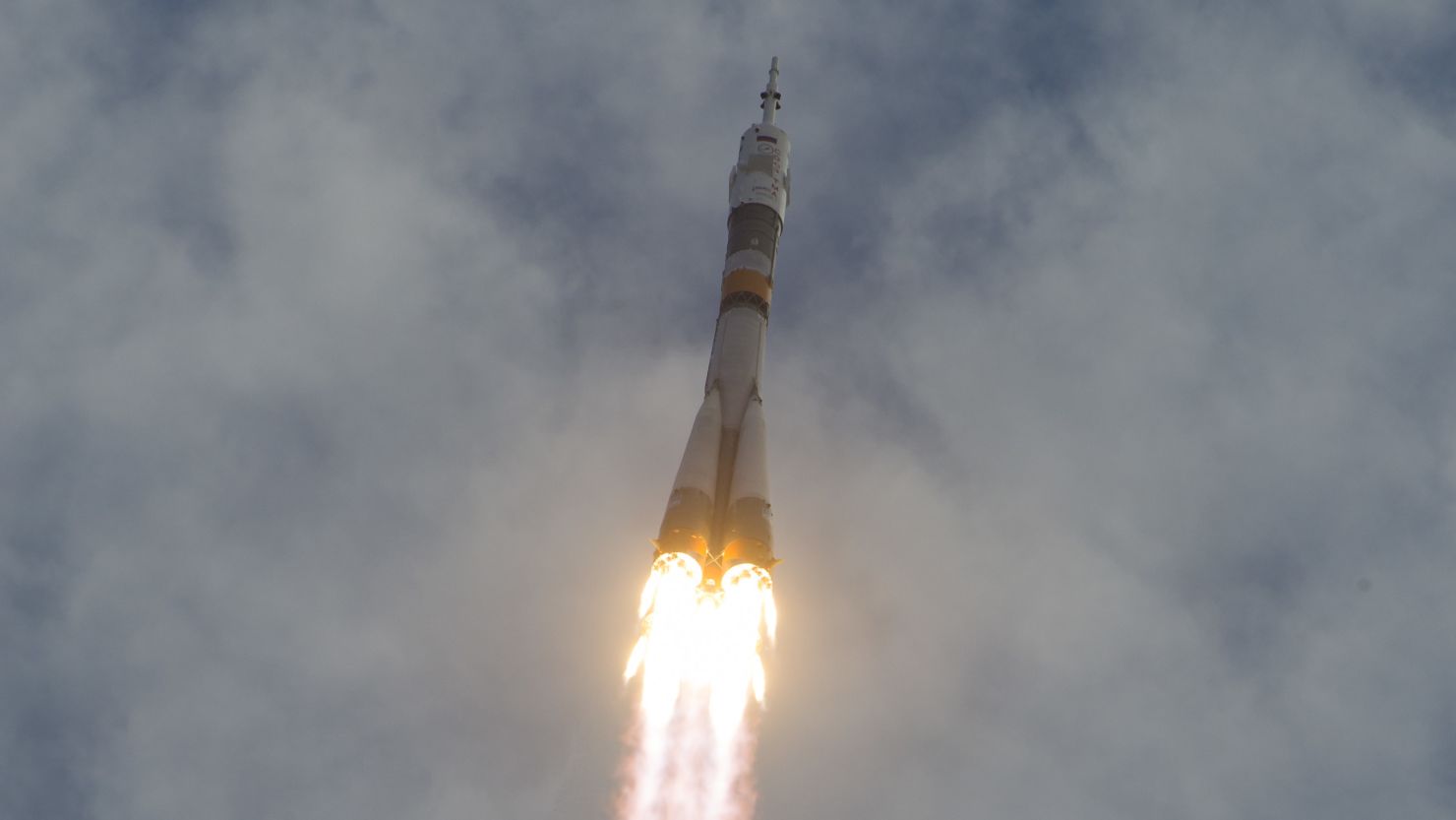 The Soyuz TMA-05M rocket launches from the Baikonur Cosmodrome on Sunday in Kazakhstan.